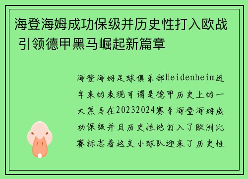 海登海姆成功保级并历史性打入欧战 引领德甲黑马崛起新篇章 海登海姆成功保级并历史性打入欧战 引领德甲黑马崛起新篇章